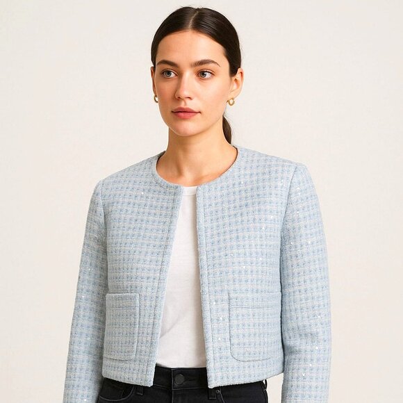 ZARA Light Blue Tweed Sequin Jacket - Picture 1 of 3